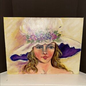 Elegant original Portrait Painting of Young Woman with Floral Hat